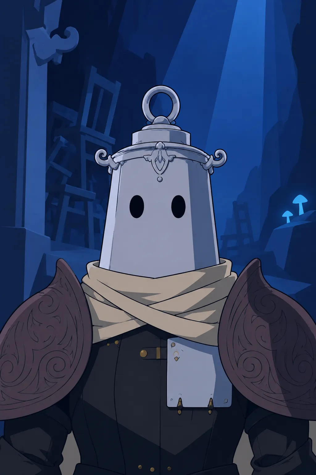 Close-up on Lanterne's helmet facing forward, the keyhole-less lantern shape lit by cold blue glow, stacked chairs faint behind him.