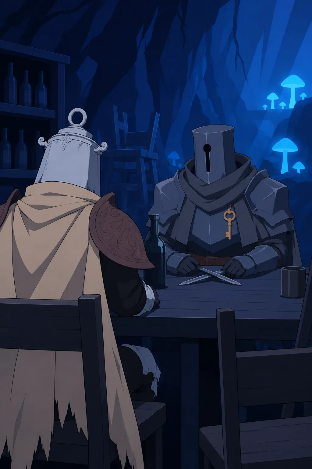 Cut back to a wider two-shot, Serrure seen from behind with head bowed, Lanterne across the table holding his golden key up.