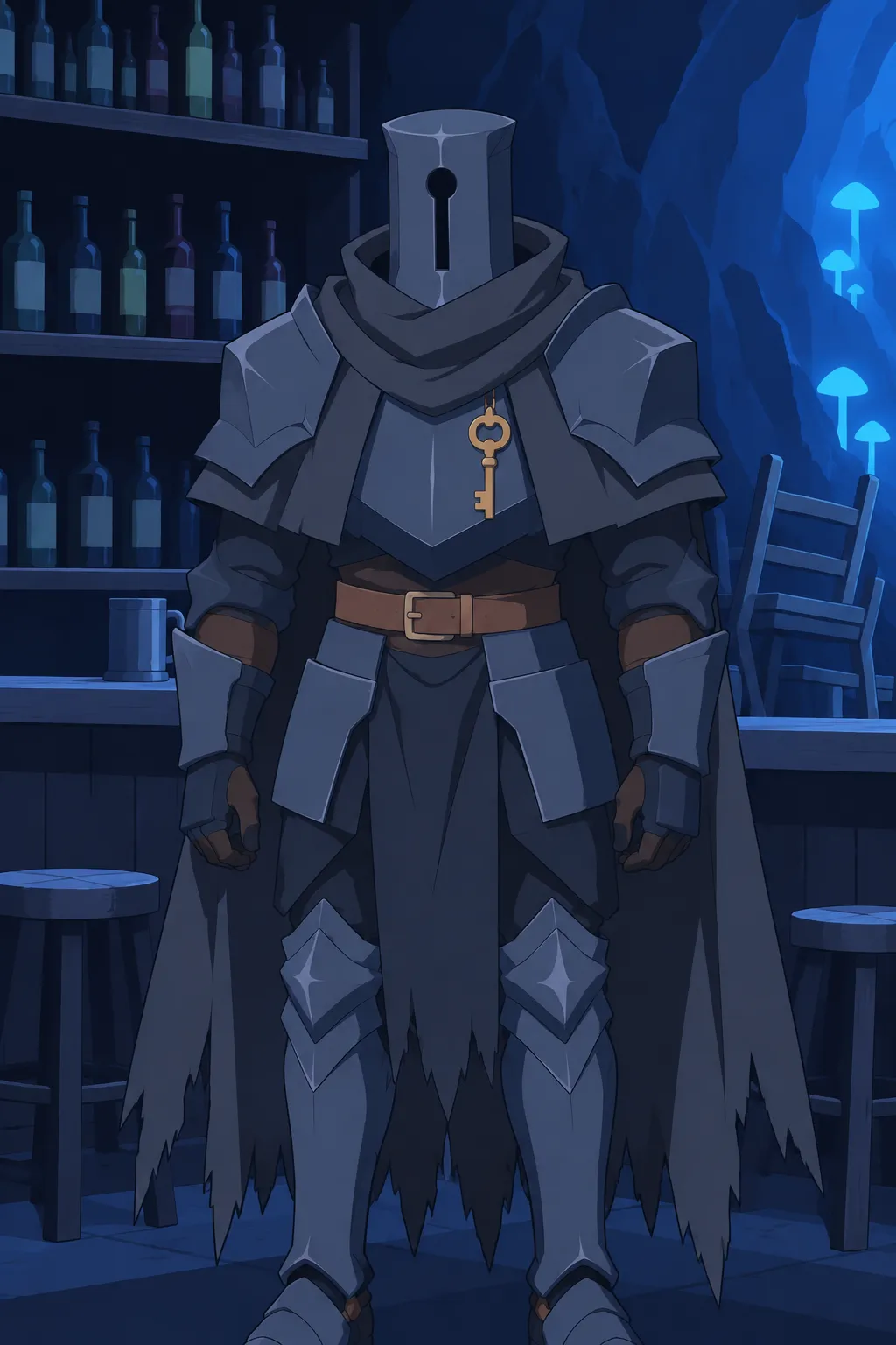 Serrure stands facing the camera near the shelves lined with dusty bottles, his tall keyhole-slit helmet catching the cold blue glow.