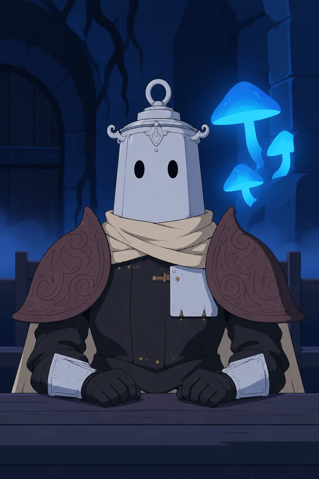 Close medium shot on Lanterne facing forward at the table, helmet on, cold blue mushroom glow behind him, listening quietly.