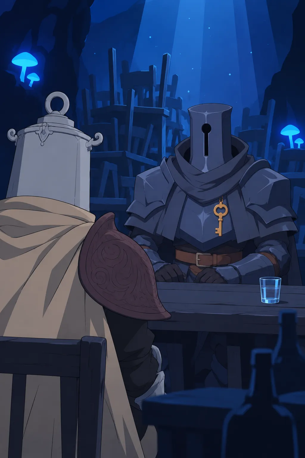 Wide shot from behind Lanterne's shoulder, revealing Serrure fully facing camera, the stacked wooden chairs looming behind him.