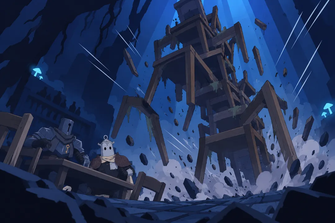 The stacked wooden chairs shift and rise, wooden legs unfolding like limbs, moss and dust falling from the pile.