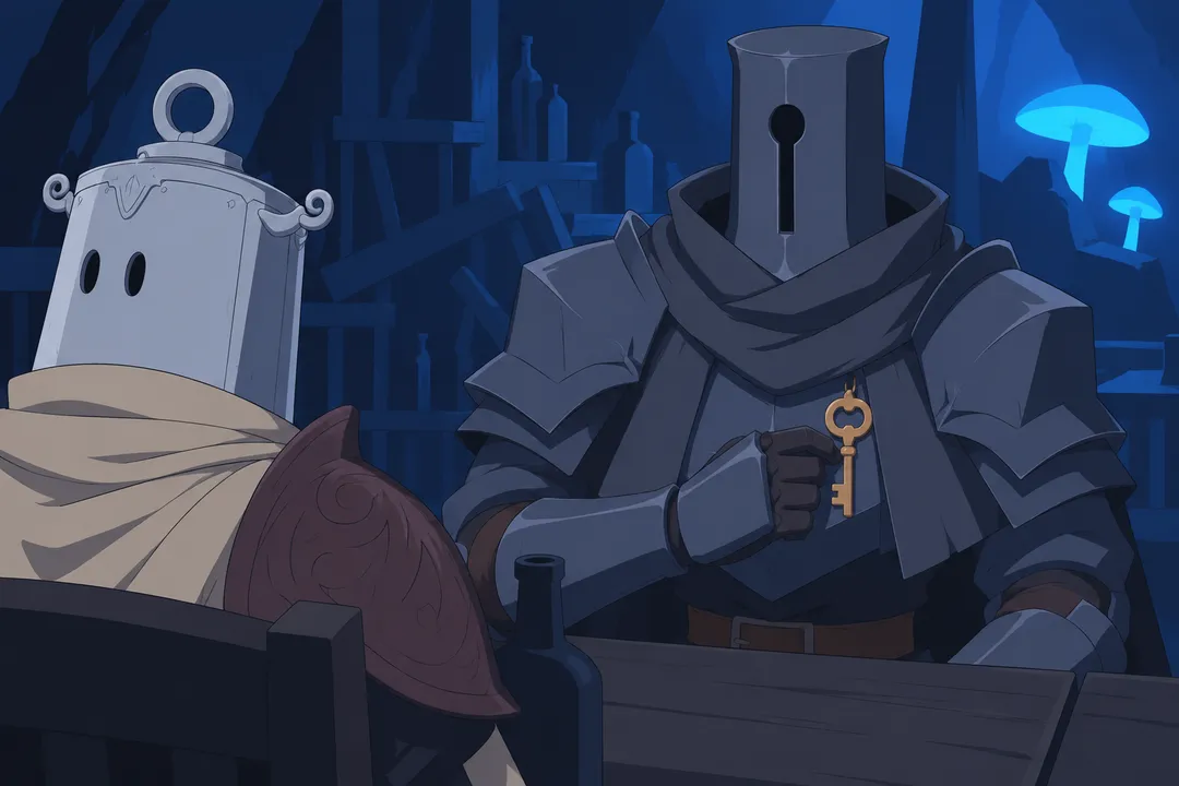 Close-up on Serrure's gauntlet reaching to the golden key-shaped object resting on his chest plate, fingers closing around it.