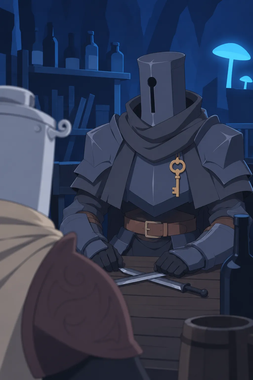 Medium close-up on Serrure's helmet and chest, the golden key glinting under the blue mushroom light.