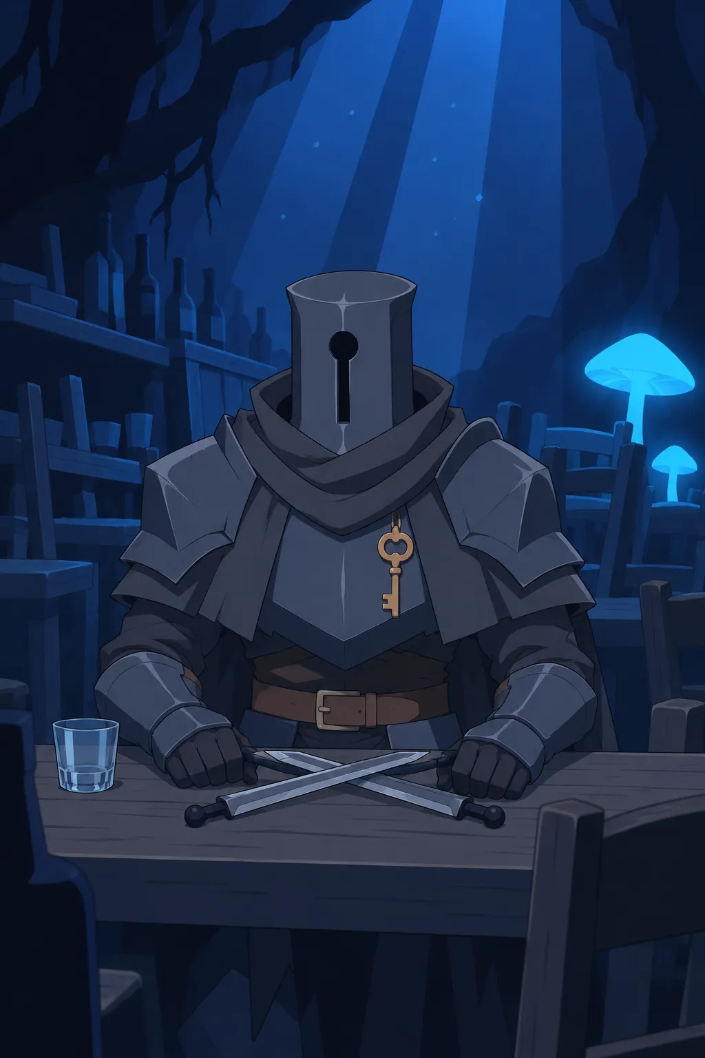 Medium shot on Serrure alone at the table, the golden key resting on his chest catching the blue light.
