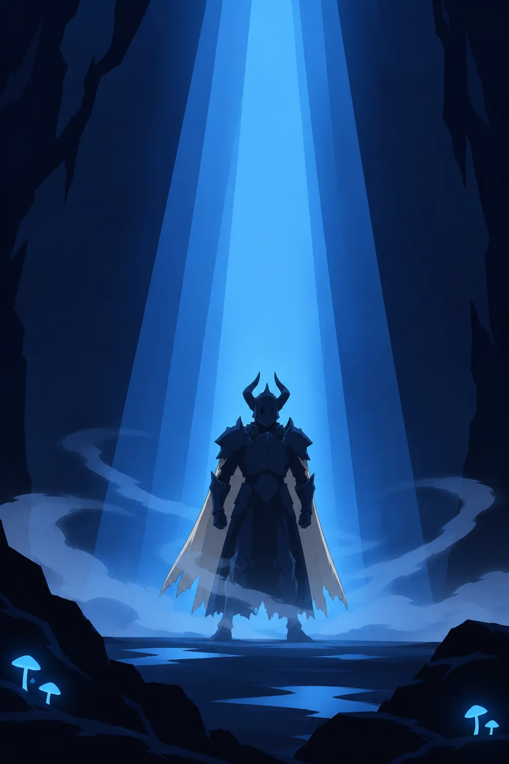 A tall horned armoured silhouette stands centered under a vertical shaft of cold blue light.