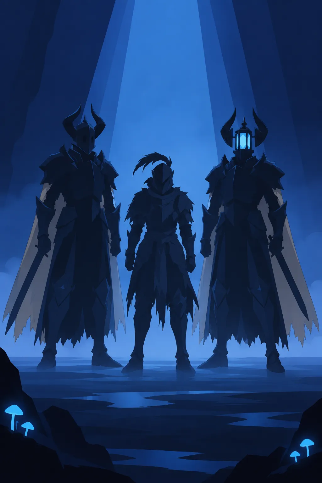 Three silhouettes stand close together against the blue mist, a smaller central figure flanked by two horned or helmeted figures.