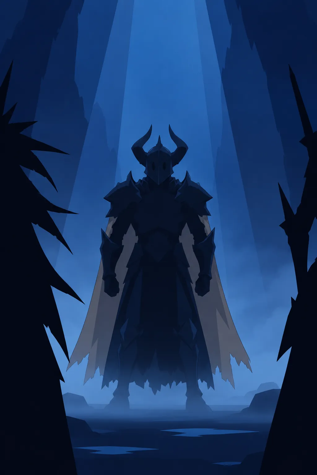 A horned helmeted silhouette stands centered against the blue mist, spiked silhouette shapes at the frame's edges on either side.