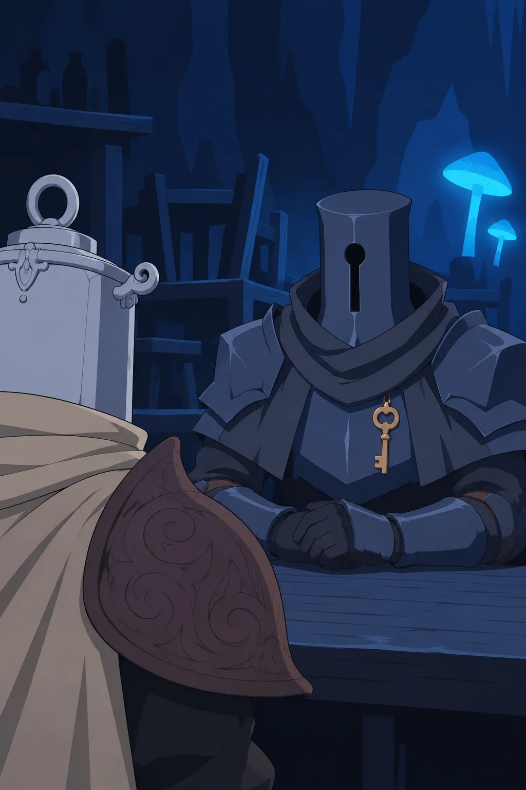 Over-the-shoulder shot past Lanterne's scarf toward Serrure at the table, the golden key resting on his chest plate now.