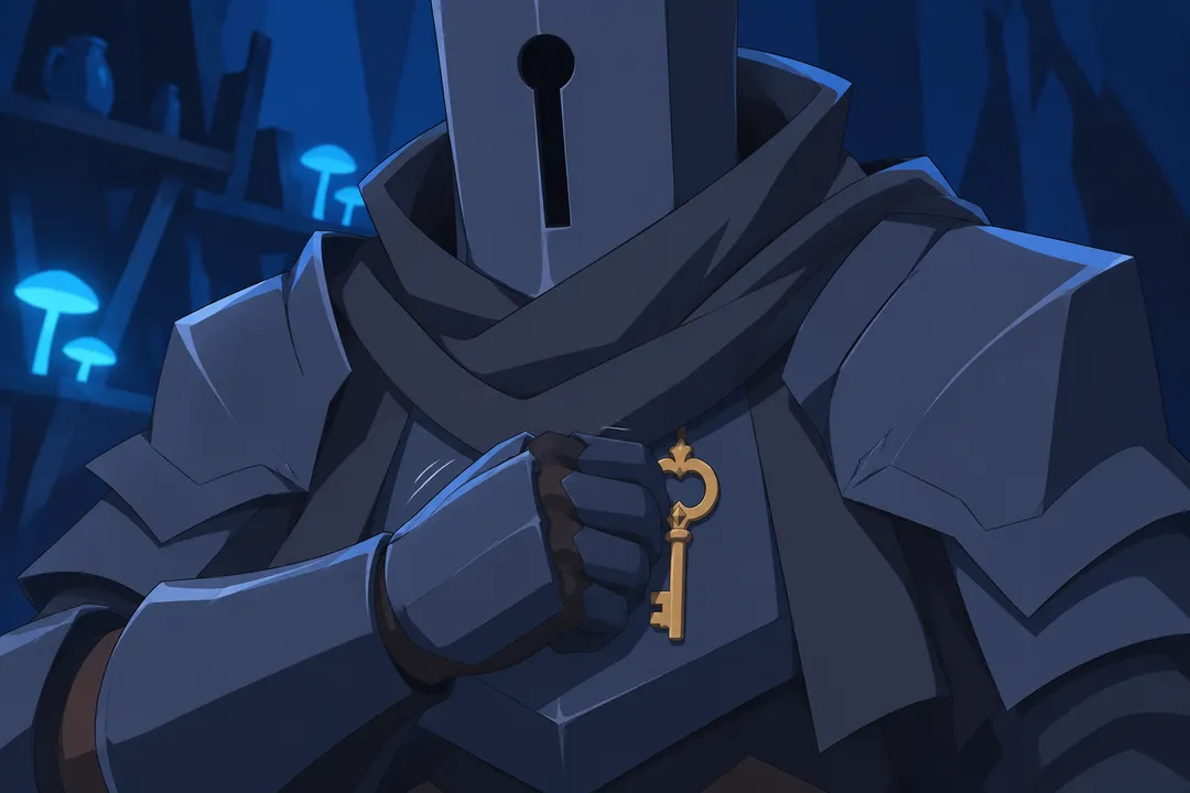Close on Serrure's gauntlet reaching down to the golden key resting on his chest plate, fingers closing around it to lift it.