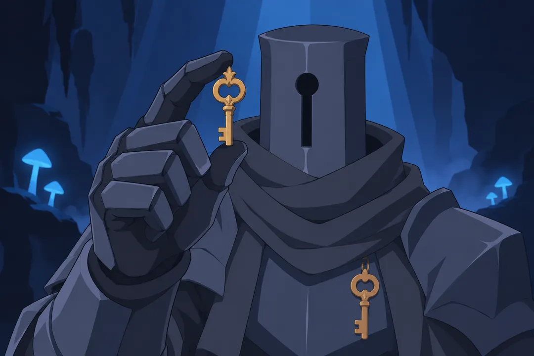 Close on Serrure's raised gauntlet, the small golden key with its round looped head held up clearly between two fingers.
