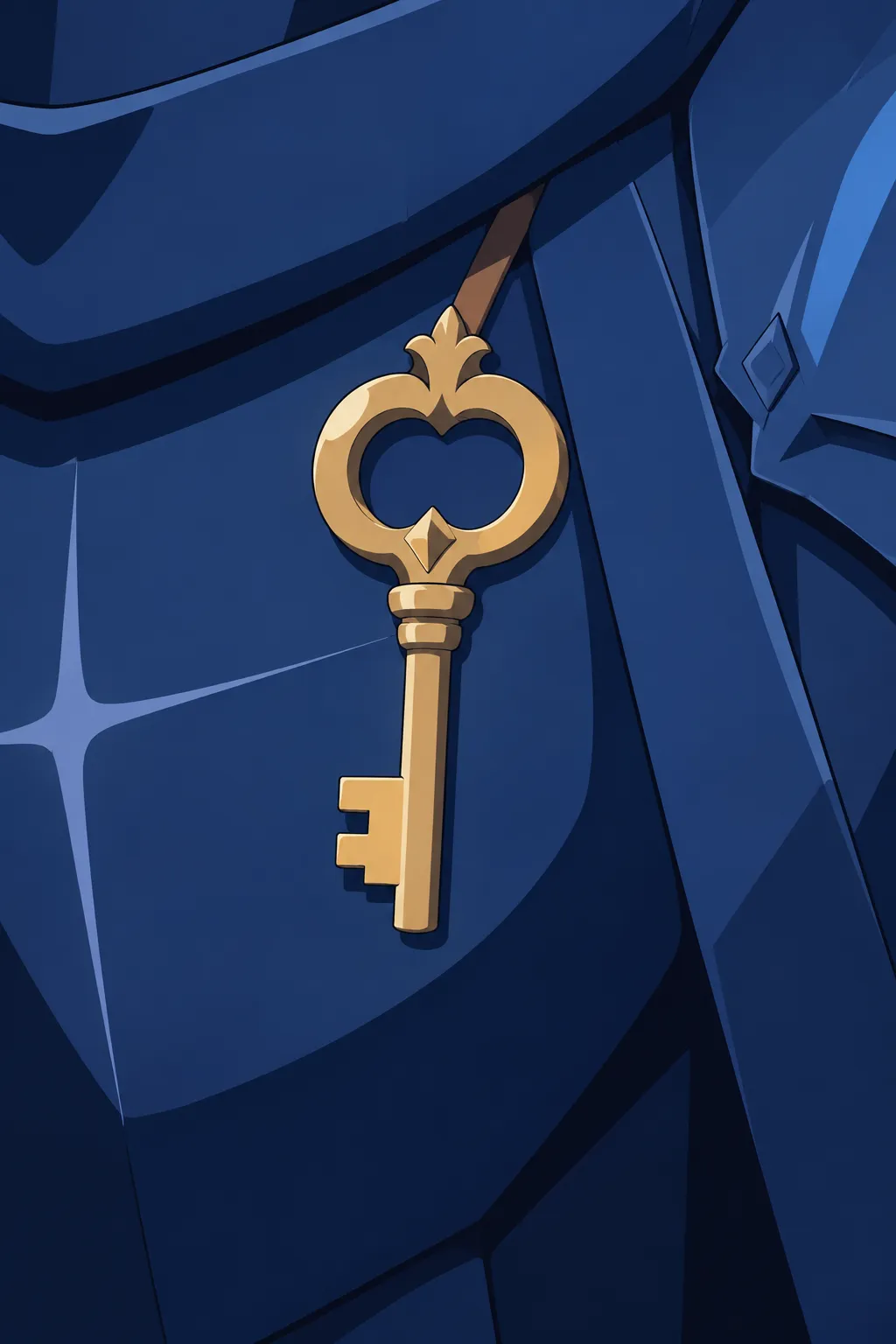 Extreme close-up on the golden key fixed to Serrure's dark blue armour plating, the subtitle line spoken off-panel.