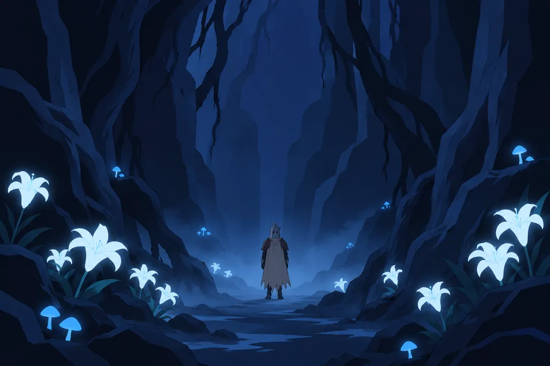 A wide dark shot of the cave passage flanked by ancient roots, white lily flowers glowing faintly on both sides.