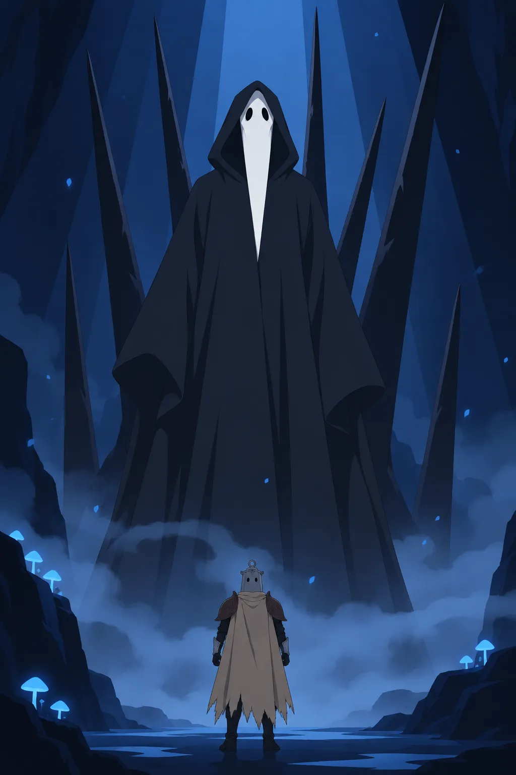 A tall low angle wide shot of the white-masked hooded figure fully revealed.