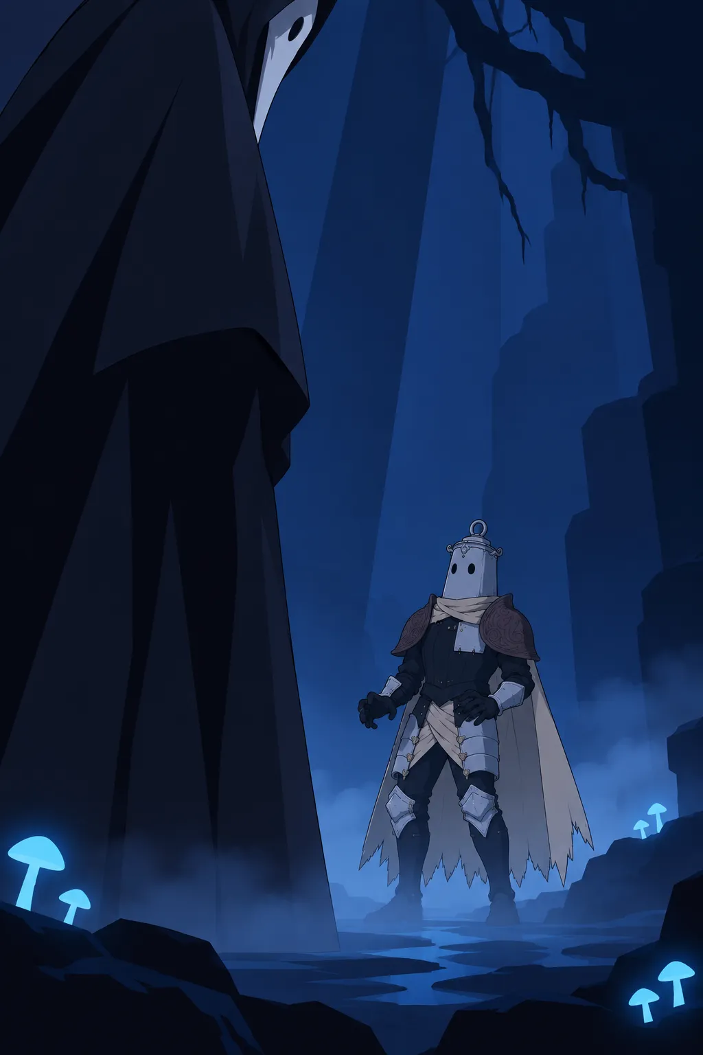 Lanterne stands frozen in the misty passage, his whole body turned toward the towering spiked figure looming just out of frame.
