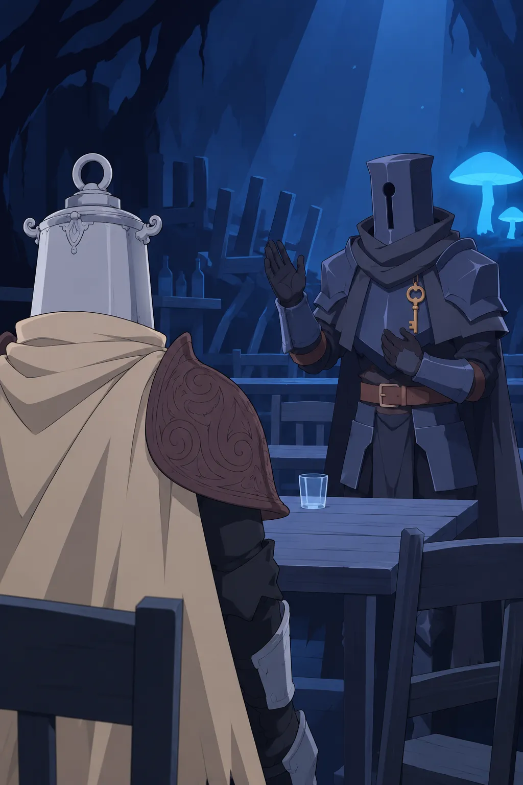 Over-the-shoulder shot in the abandoned tavern: Lanterne seen from behind on the left.