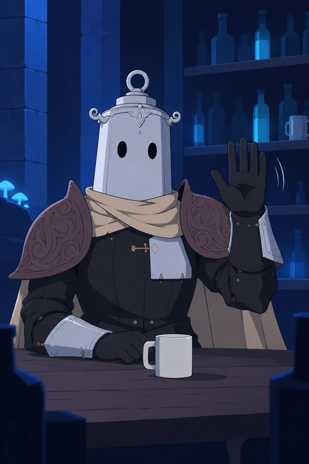 Lanterne, still seated, raises one gauntleted hand palm outward in a still farewell gesture.
