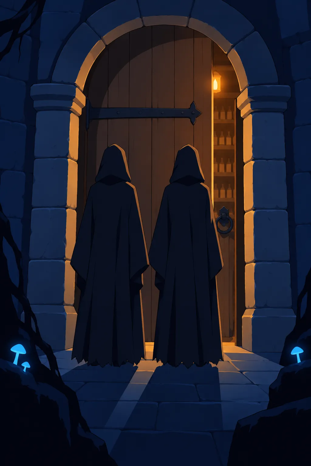 Black and white memory: two hooded white-masked figures stand facing a closed wooden door framed by carved stone pillars.
