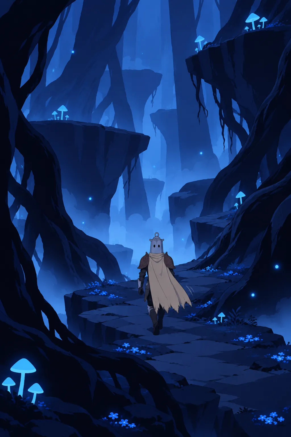 Wide shot of Lanterne walking away from the camera along a rocky path threading between colossal twisted tree roots and floating rock…