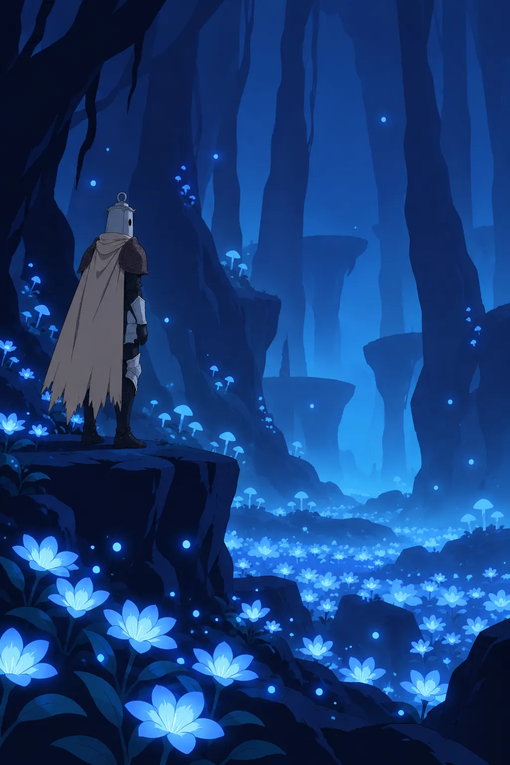 Lanterne stands still on a rocky ledge overlooking a field of glowing blue flowers, tall dark tree-like rock formations rising beyond.