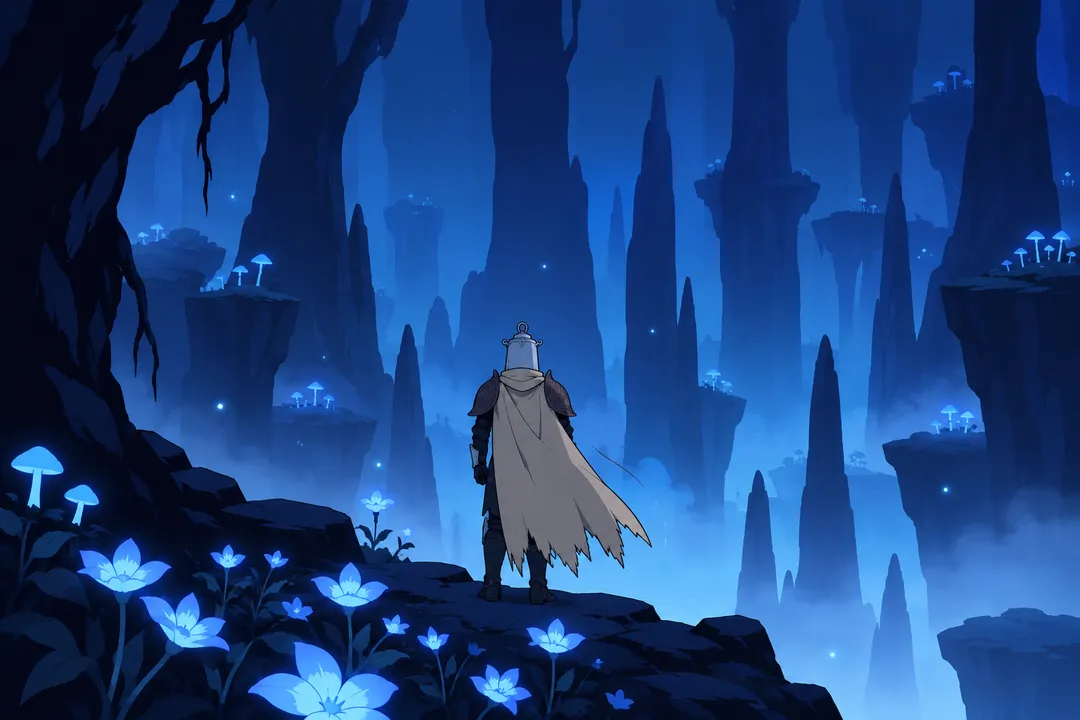 Wide shot of Lanterne standing at the edge of a rocky ledge among glowing blue flowers, seen from behind.