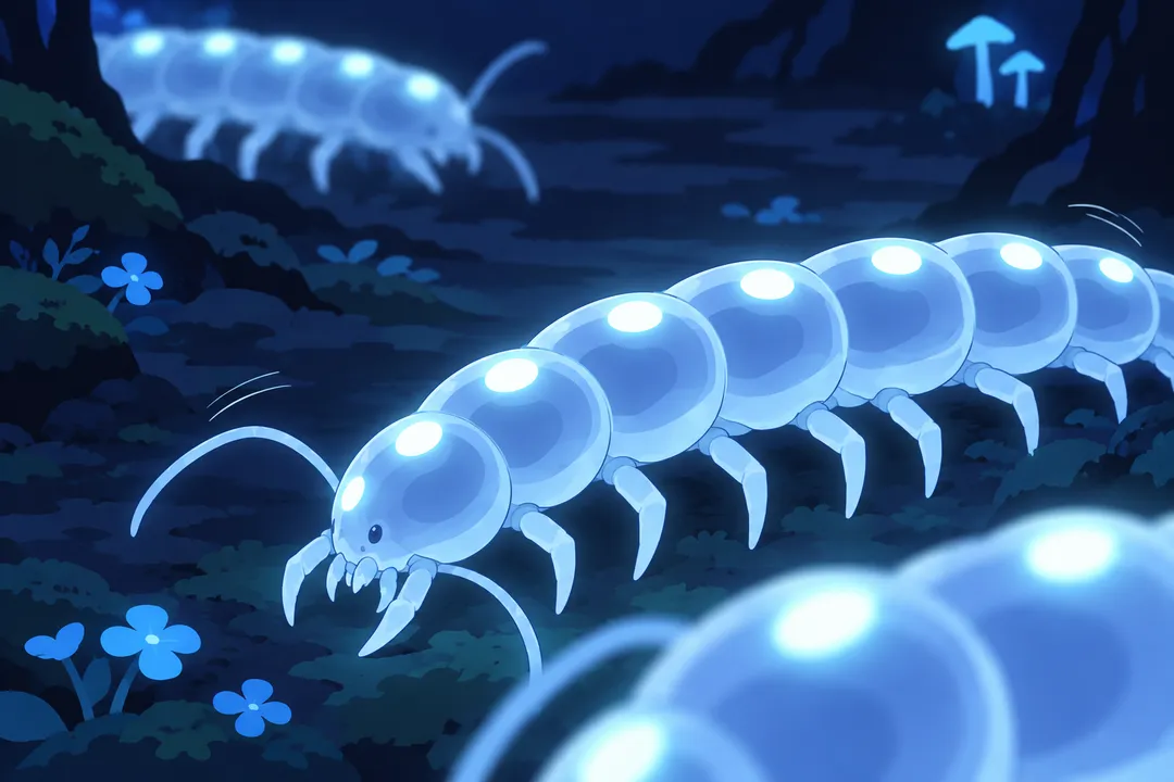 Extreme close-up fragment: one glowing blue-white segmented centipede-creature crawls across mossy ground among tiny blue flowers.
