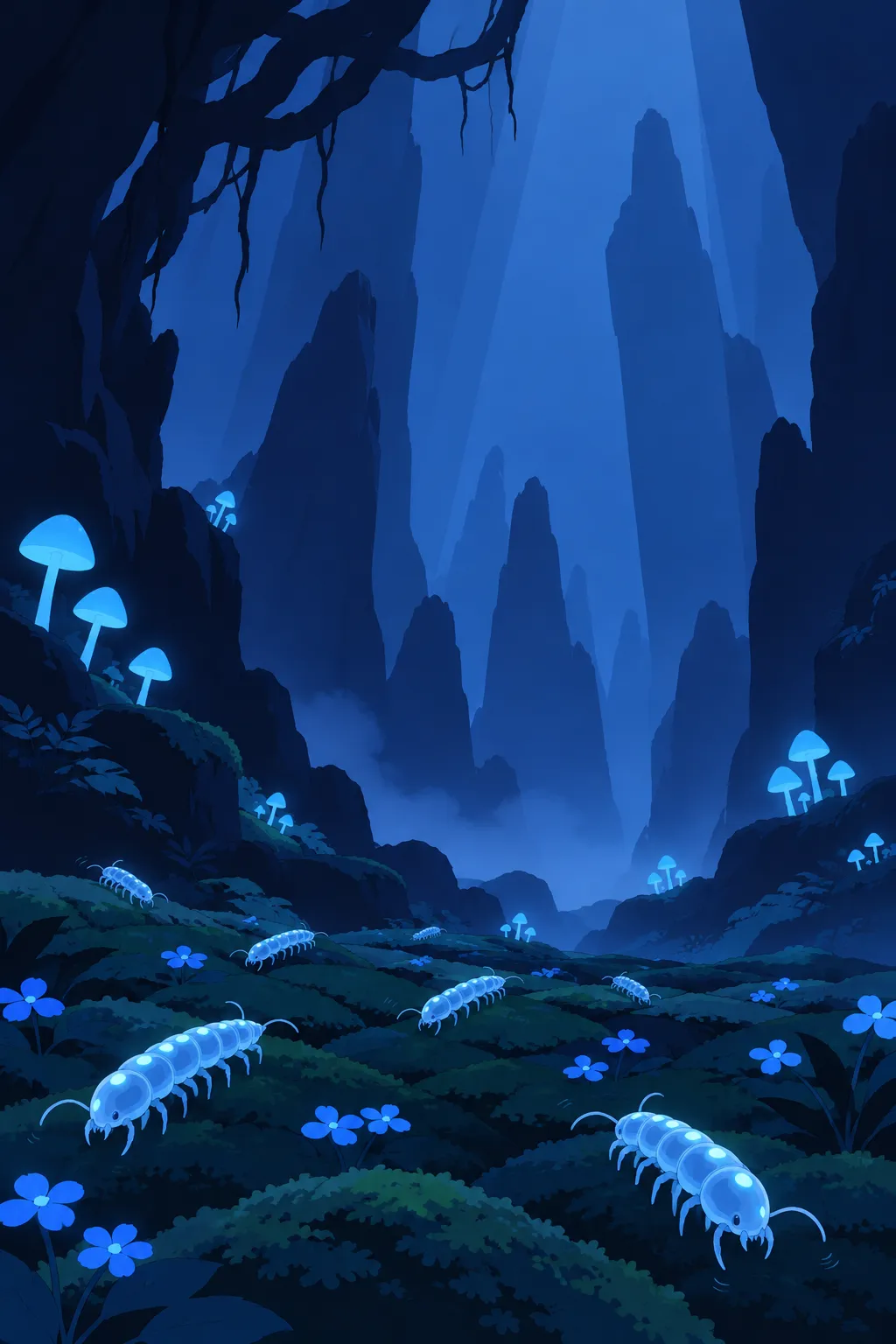 Wide low angle reveal: a whole group of glowing blue-white segmented creatures crawl across the mossy ground scattered with small blue…
