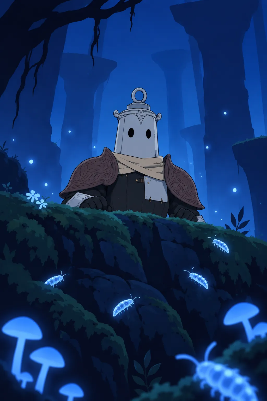Lanterne's upper body and pale cylindrical helmet appear behind a mossy rocky ledge.