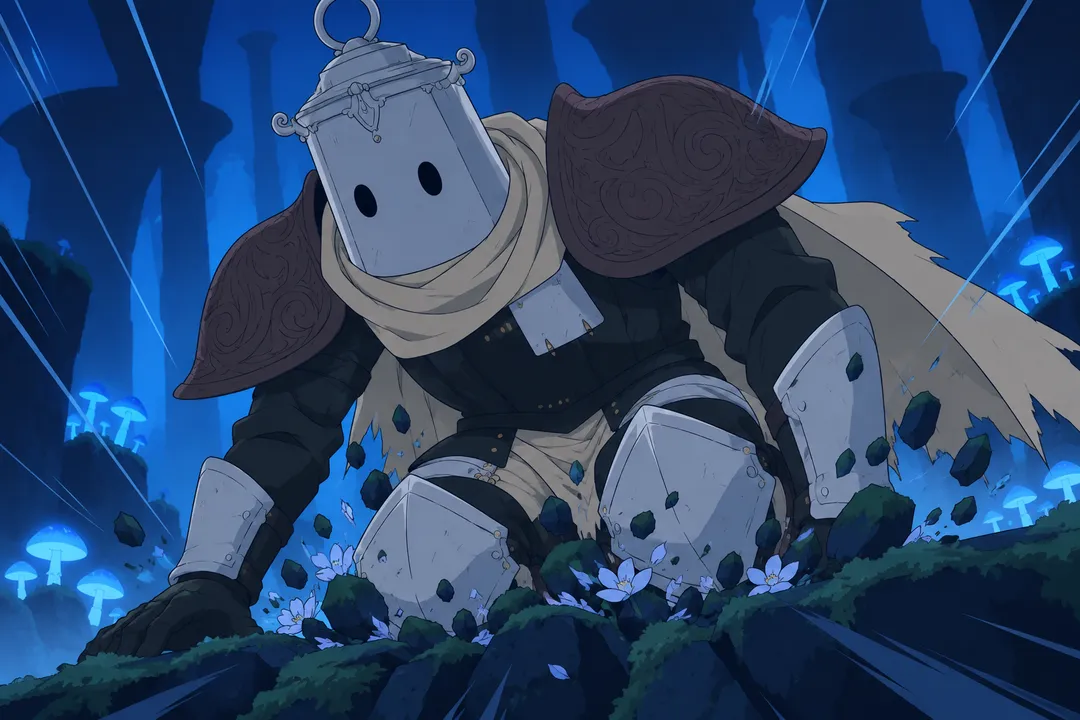 Extreme close-up on Lanterne's steel knee plates striking the mossy rock ledge, small blue flowers crushed beneath.
