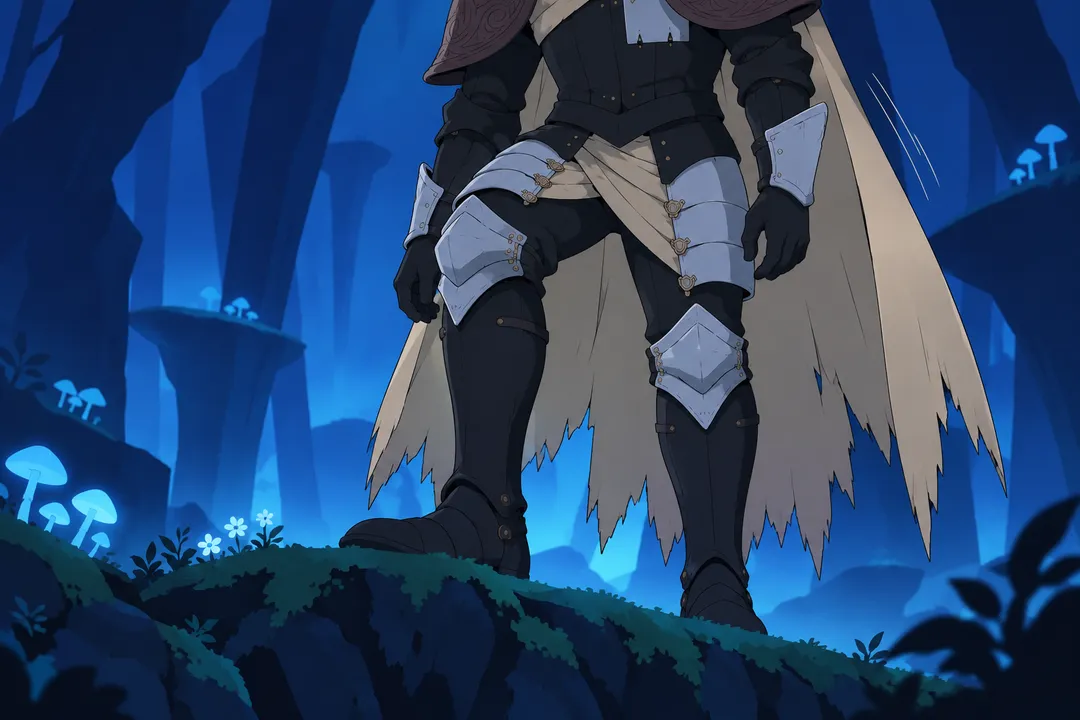 Close view of Lanterne's lower torso, cape and legs as he rises to standing on the mossy ledge.