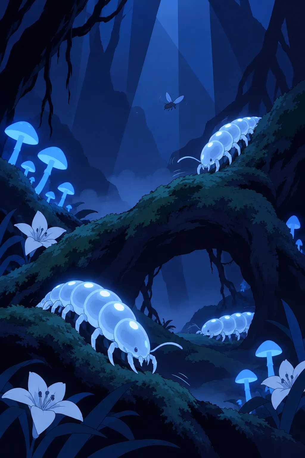 Close view of gnarled mossy roots forming a natural arch, several glowing blue-white segmented insect creatures crawling on the wood and…