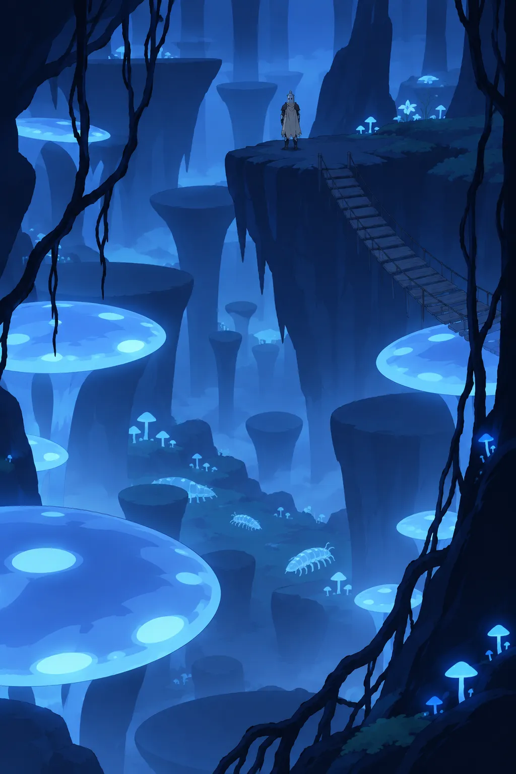 Vast wide reveal of a cavern filled with giant glowing mushroom-shaped rock platforms, a wooden plank bridge, hanging vines.