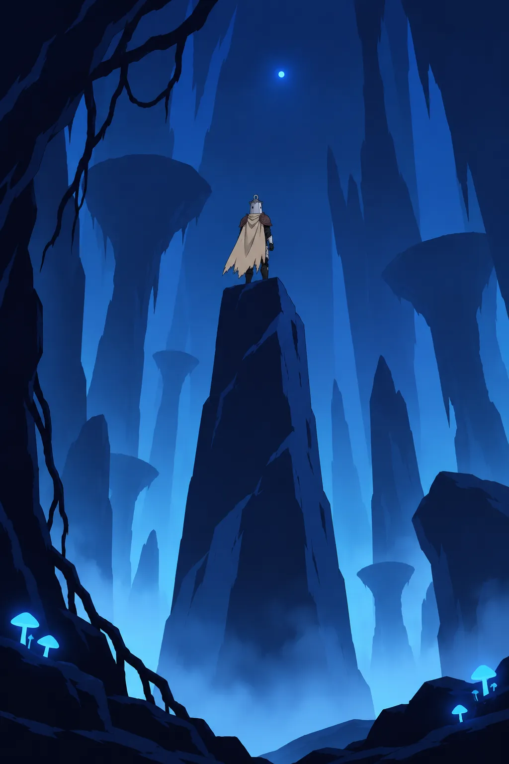 Lanterne stands atop a colossal narrow rock pillar amid tall spires and mushroom-like rock formations.