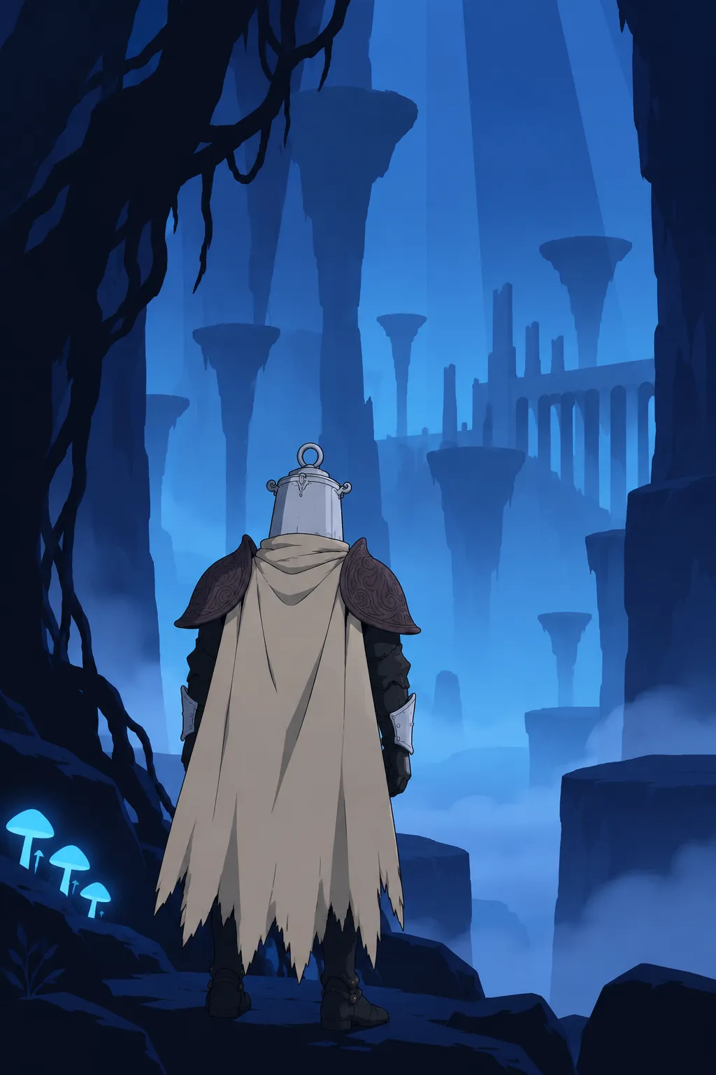 Closer view from behind of Lanterne's cream cape, pauldrons and pale helmet against the dark silhouette of the pillar.