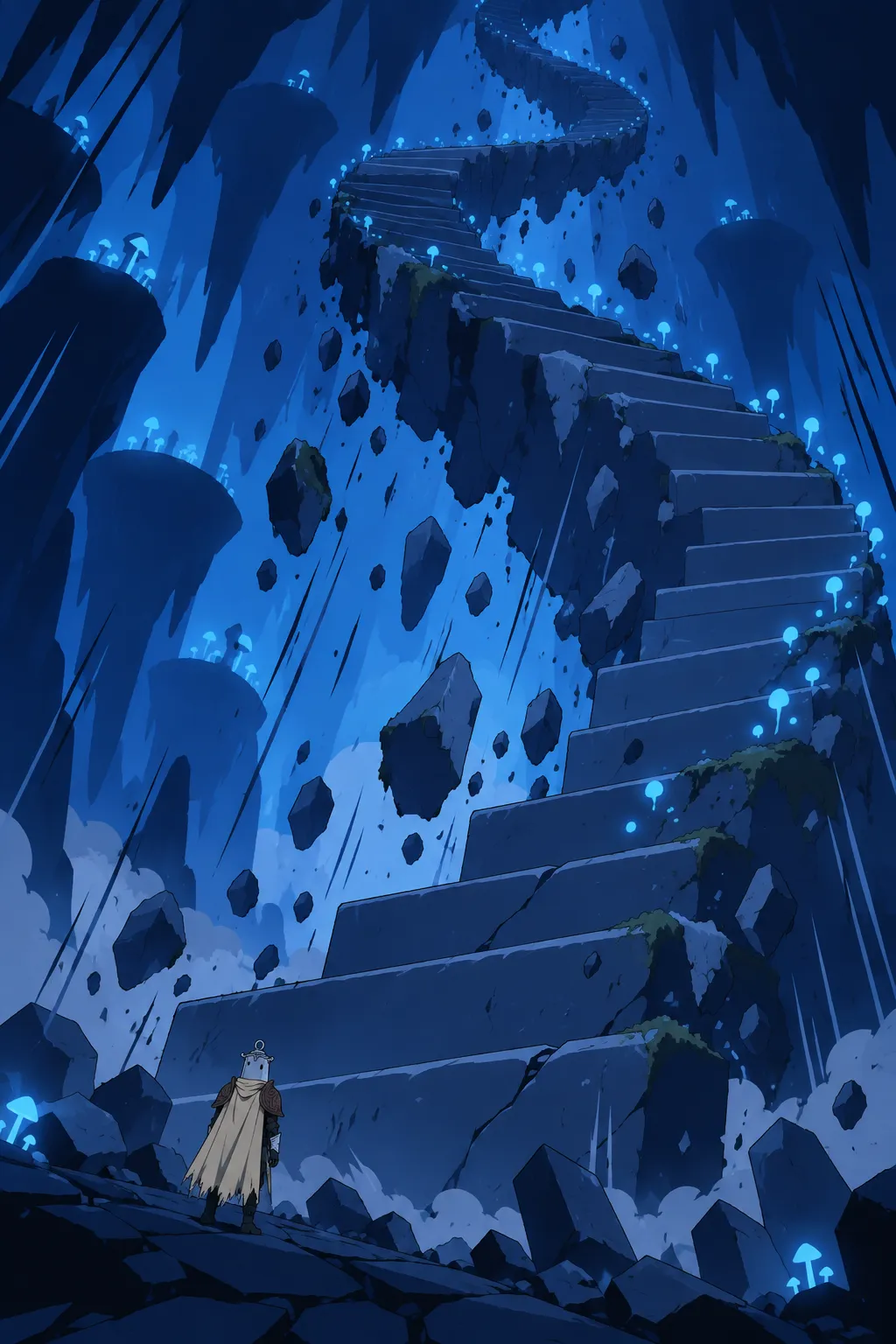 The colossal stone staircase twists and rises before Lanterne, fresh steps unfolding upward out of cracked rock.