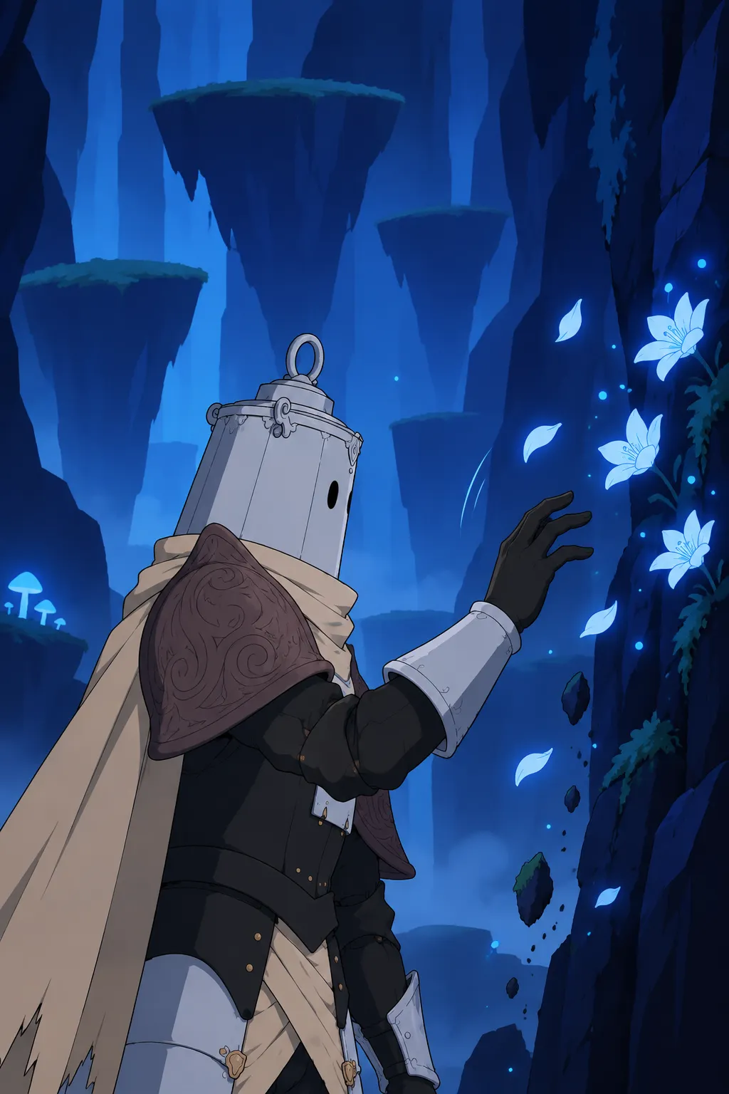 Close view of Lanterne's gloved hand reaching toward small glowing blue-white flowers growing on a rocky wall.