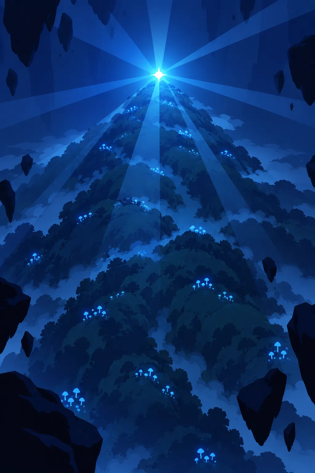 A colossal aerial view down onto the misty forest ridge: a single brilliant cyan star-point of light blazes at the crest.