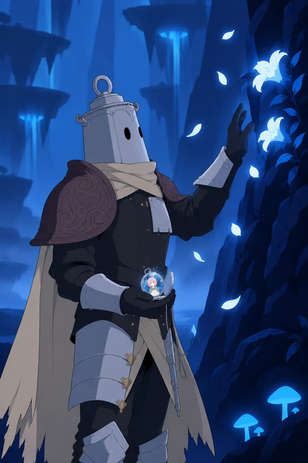 Back at the rock wall, Lanterne stands with one hand raised toward the glowing white flowers while his other hand holds the now-open…