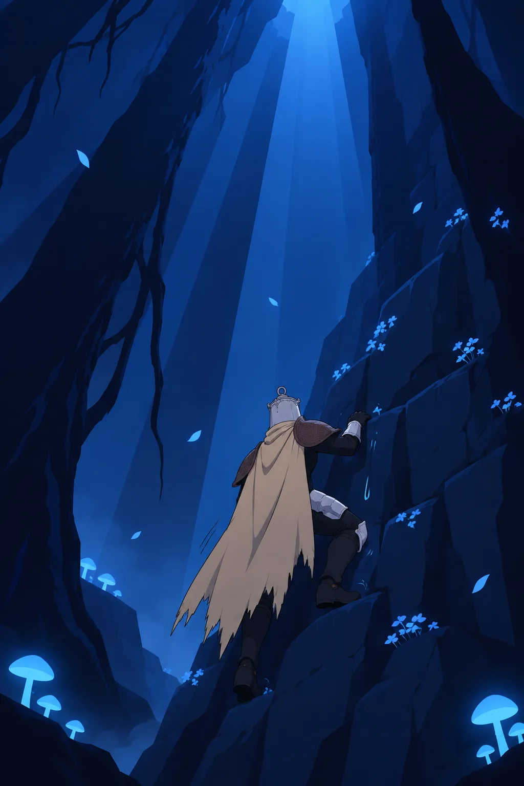 Seen from behind, Lanterne climbs higher up the towering rock face between black trunk-like columns.