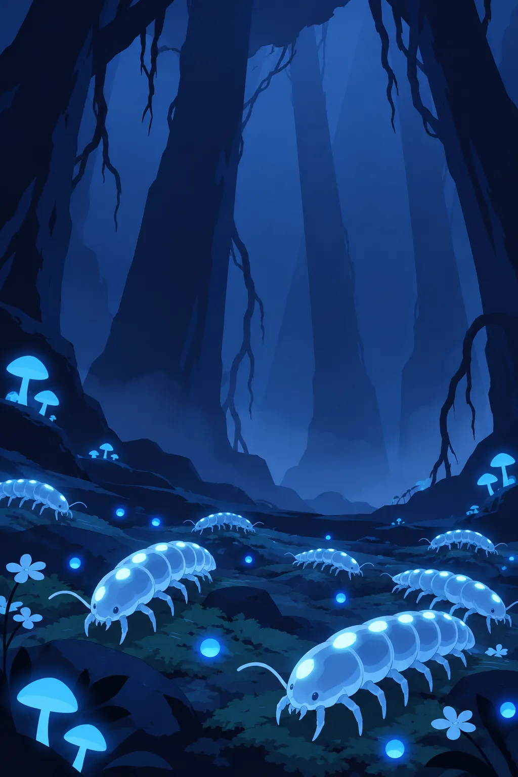 Wide low-angle view of the mossy rock ground crawling with several glowing blue-white segmented creatures among small glowing orbs.