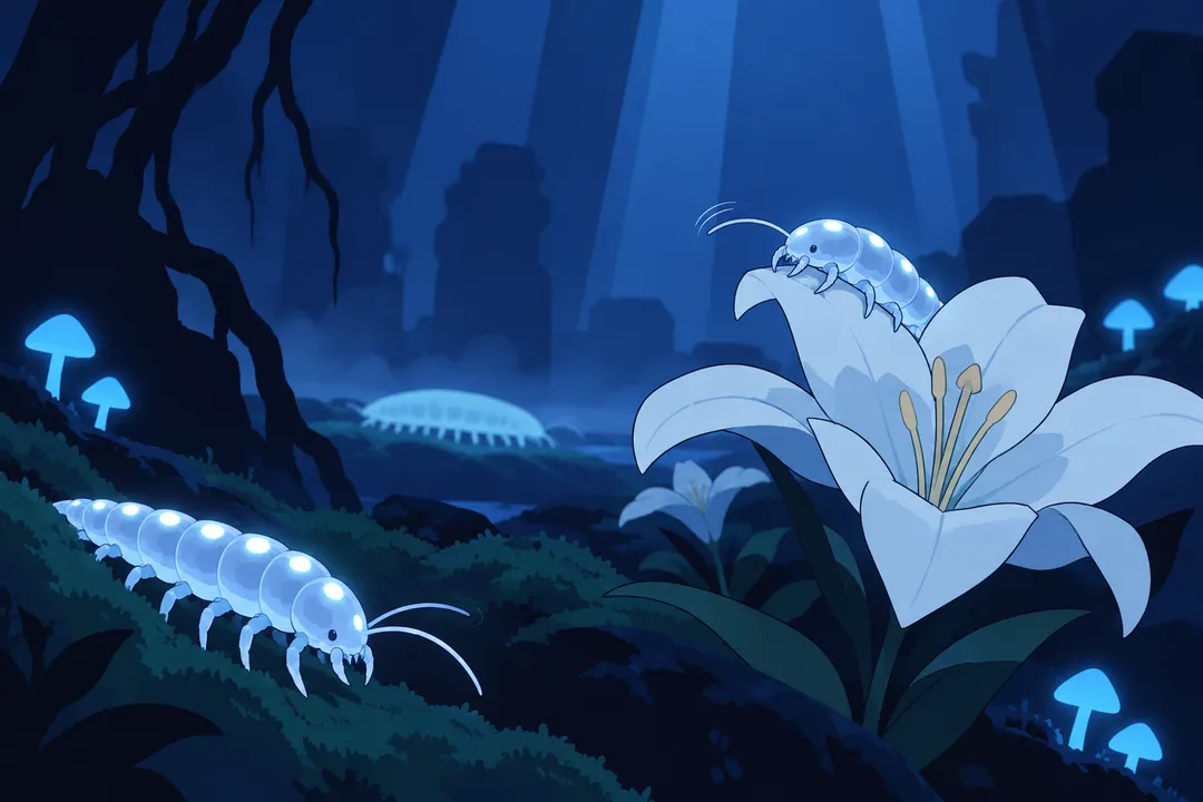 The glowing insect creature now perches near the top of the lily, antennae swaying.