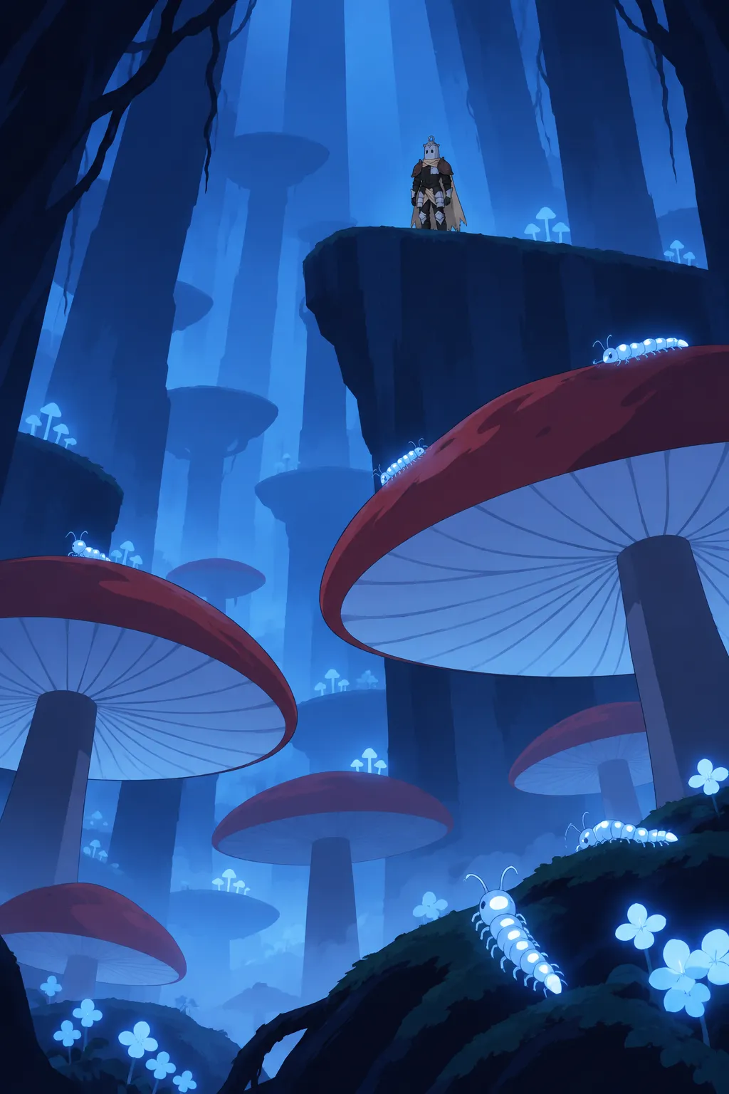 A colossal grove of towering red-capped mushrooms fills the space below a floating stone platform where Lanterne stands tiny at its edge.