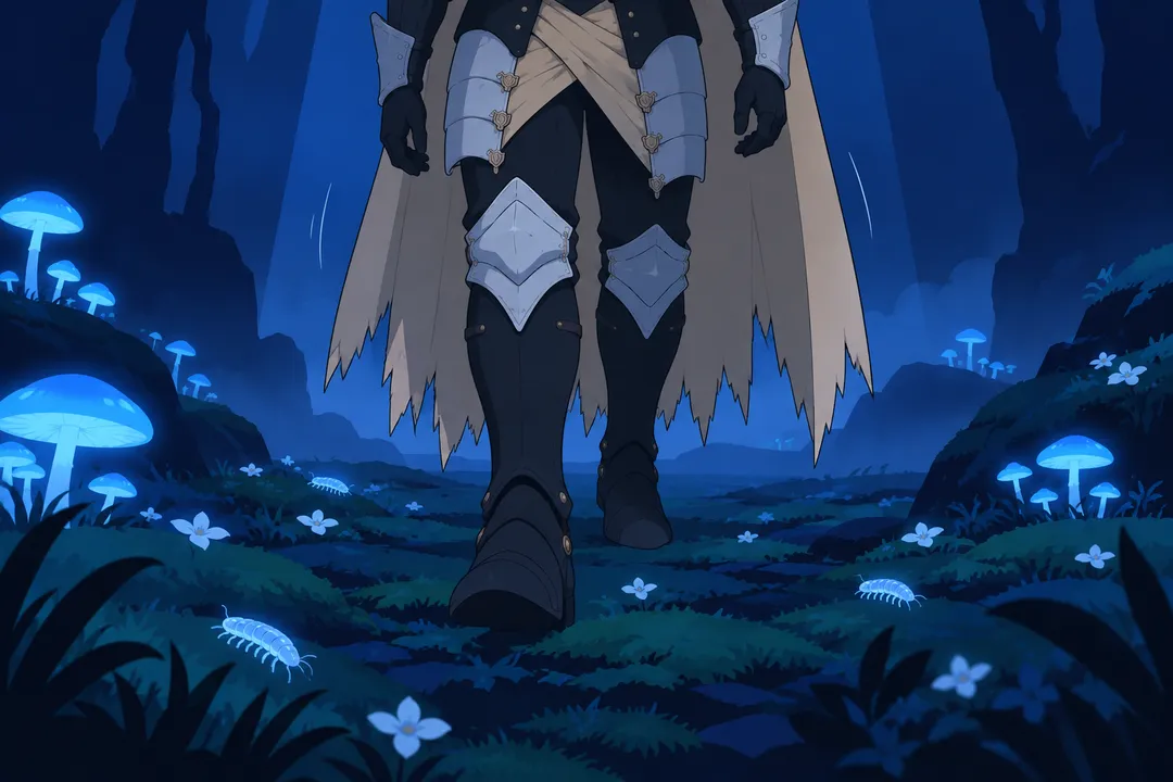 Low angle shot of Lanterne's legs and cape walking forward through the mossy glowing ground toward the camera.