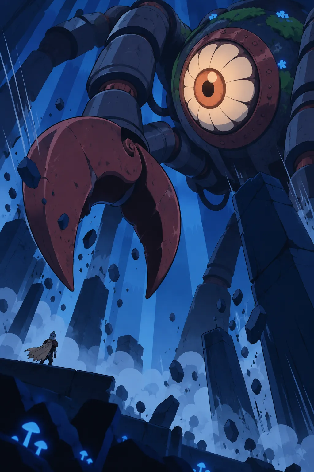 Extreme close view from below as the alien-machine's colossal orange-brown eye fills the frame with its dark red pincer claw and segmented…