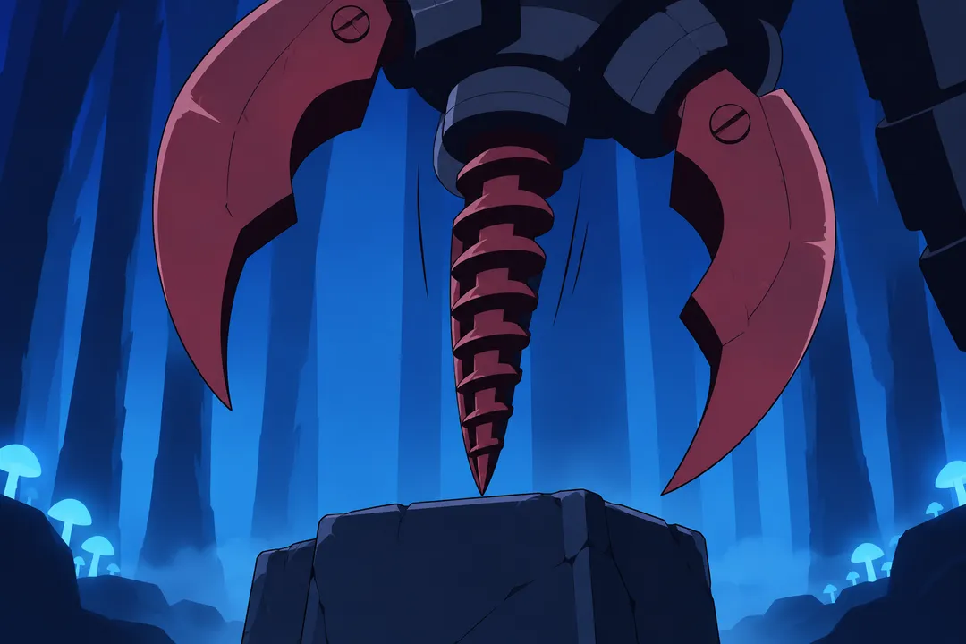 Extreme close-up on the alien-machine's dark red pincer claw with its screw-like ridged joint, poised directly above a stone pillar.