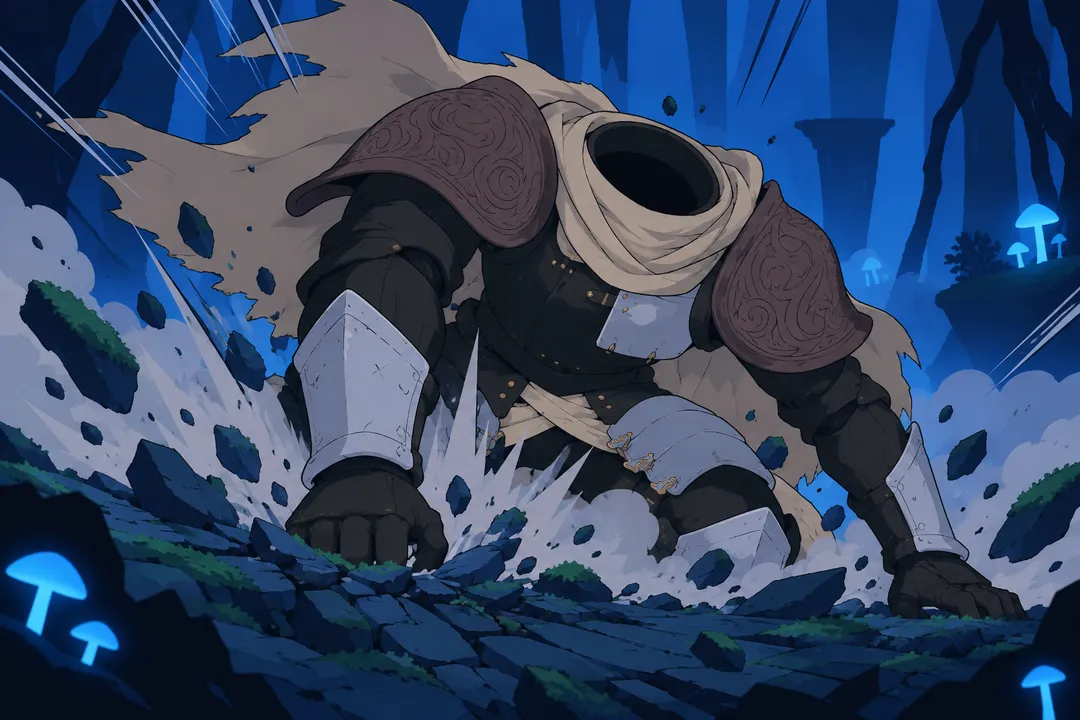 Extreme close-up on Lanterne's body slamming down onto the mossy islet, dust bursting violently at the point of contact, torn moss flying.