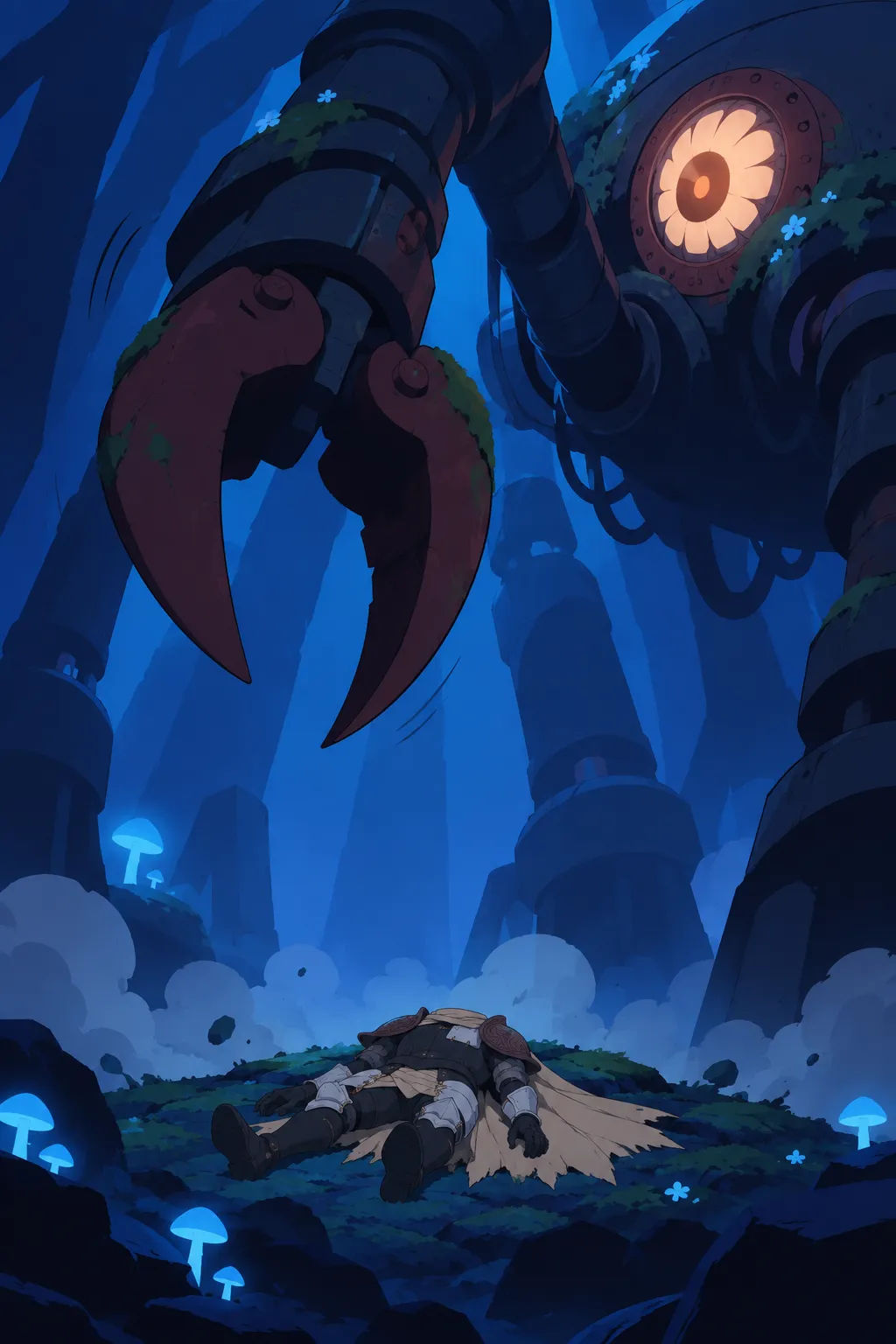 Lanterne lies motionless on his back on the mossy islet amid dust, the machine looming with its claw raised high above him.