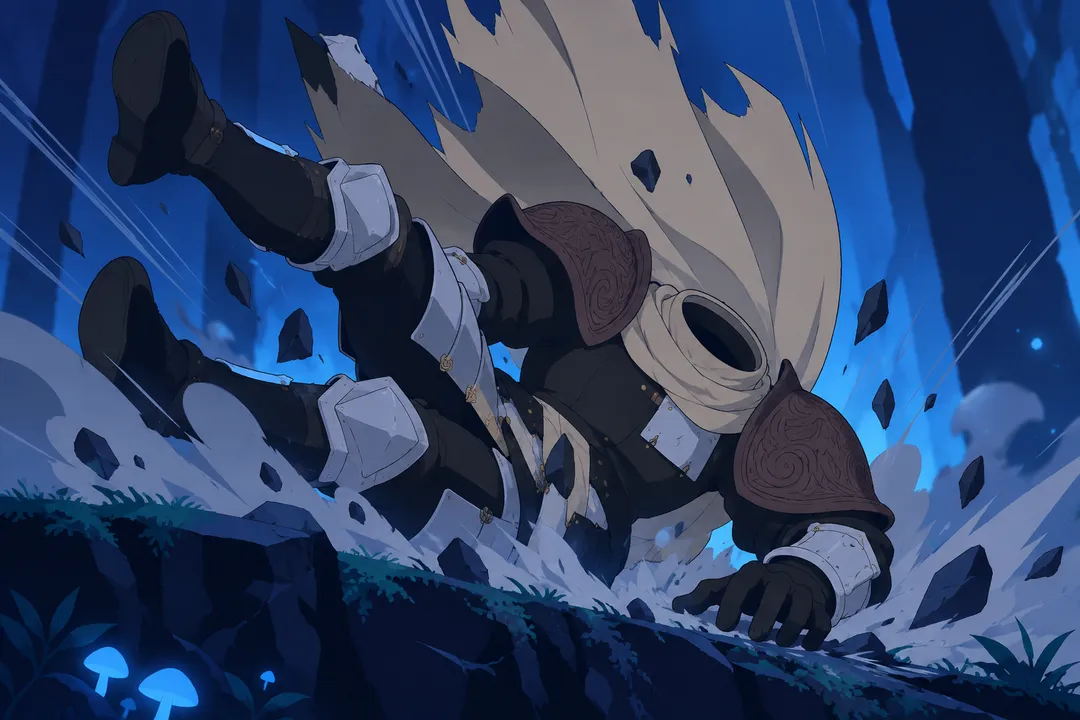 Extreme close-up on Lanterne's tumbling body slamming down onto a rocky ledge above patchy grass.