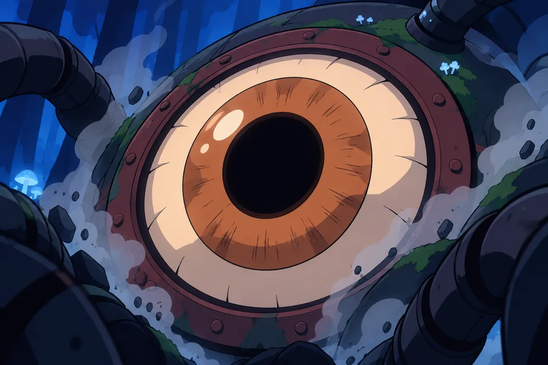 Extreme close-up from below on the alien-machine's colossal orange-brown eye and open lens, the black pupil filling the frame.