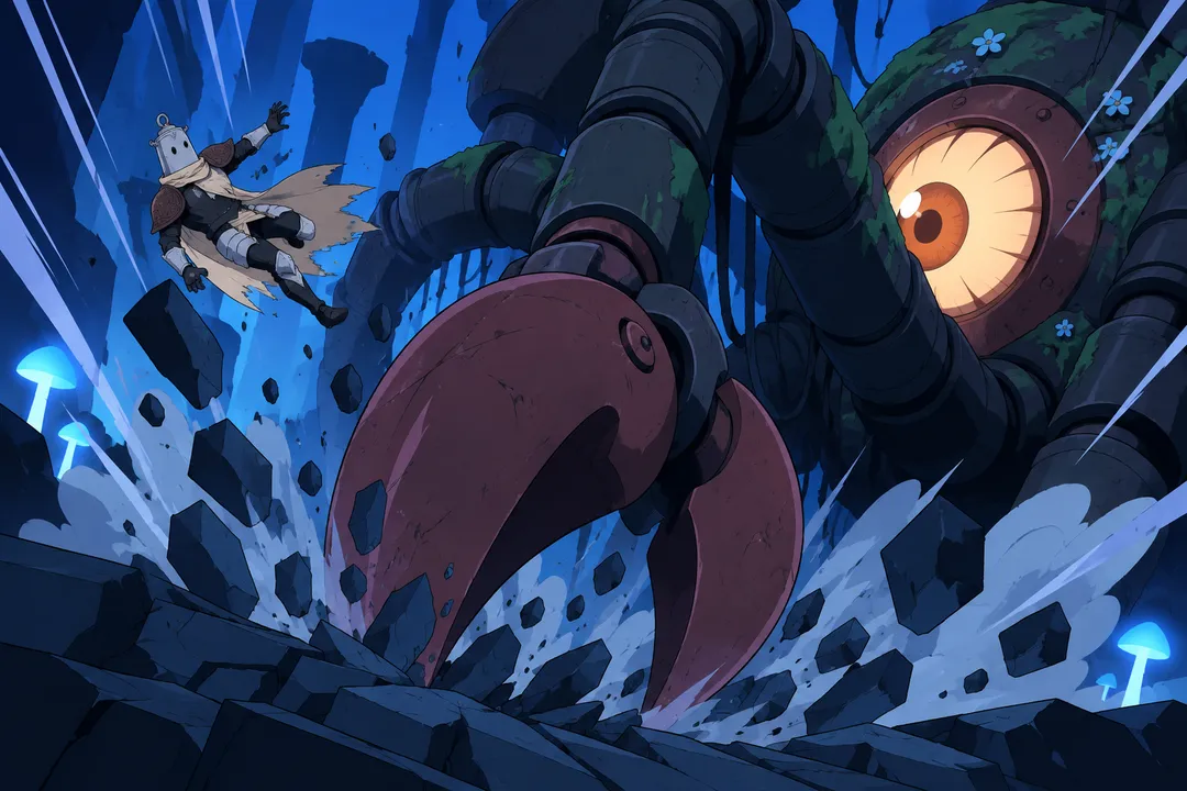 Extreme close-up on the claw and legs of the alien-machine slamming into the broken stone platform as Lanterne is thrown into the air.